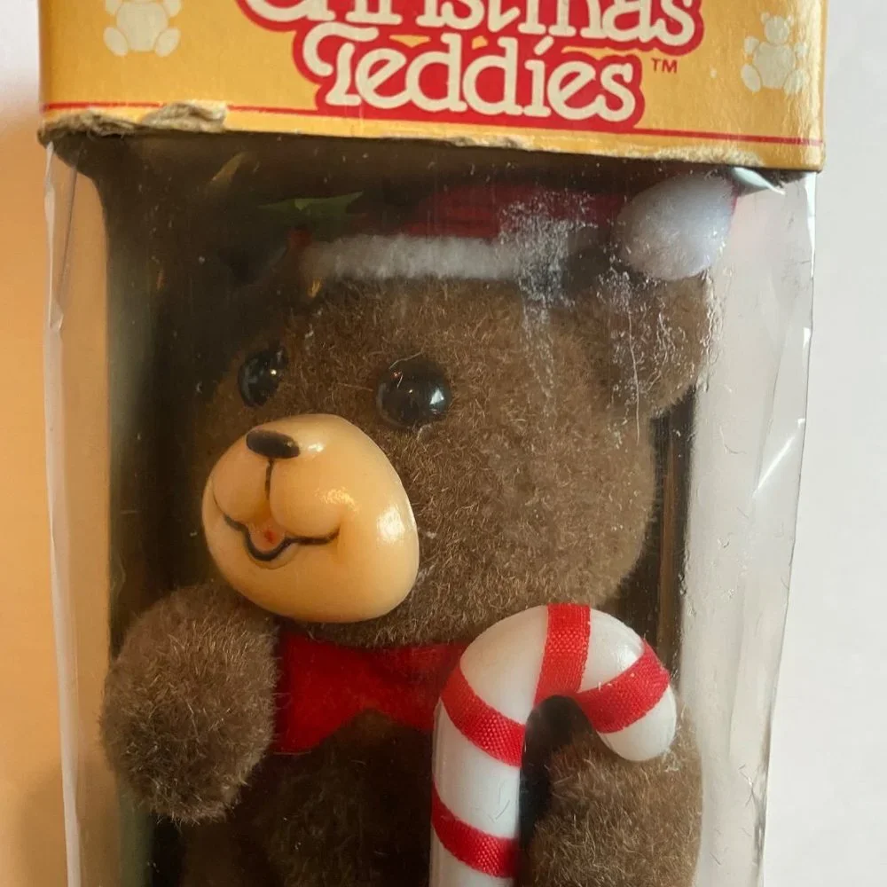Vintage Unopened Jasco Christmas Teddies‎ Velvety Flocked Hanging Tree Ornament